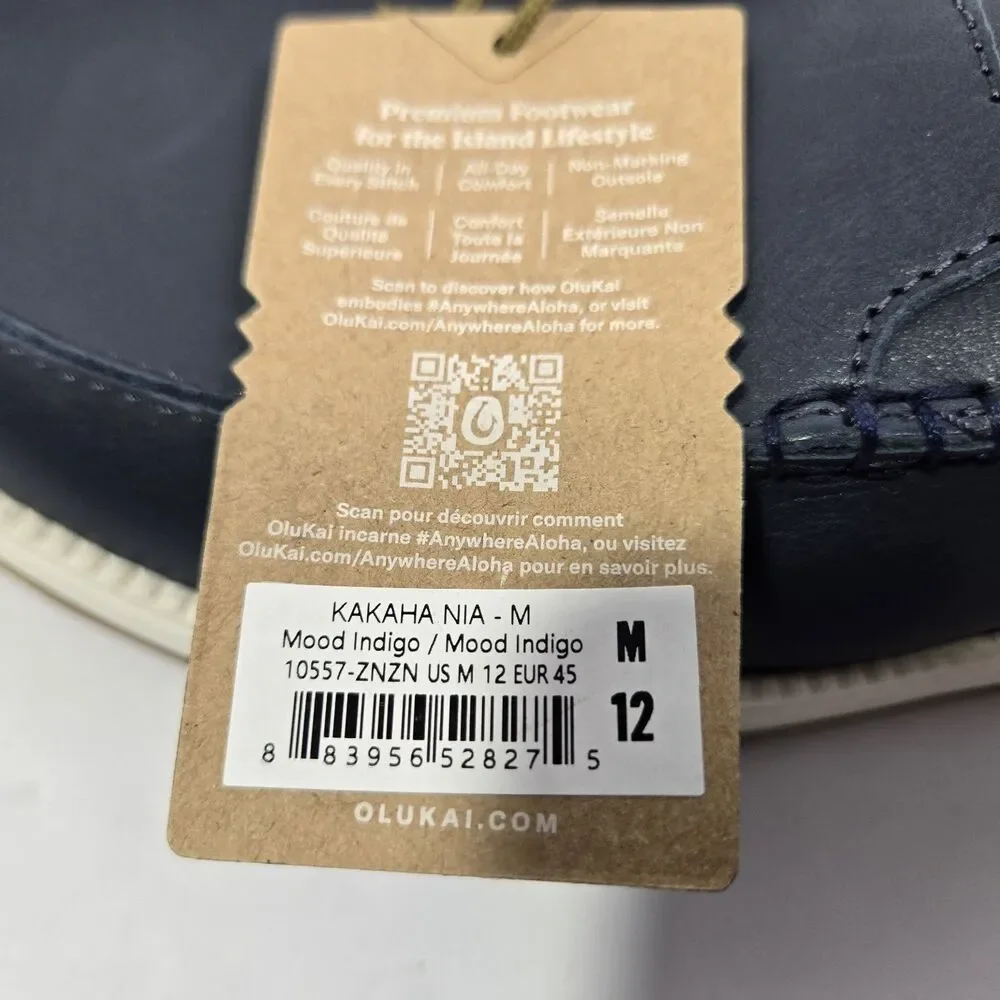 $140 Olukai Kākaha Nia Mens 12 Leather Slip On Shoes Loafer Casual Indigo Blue